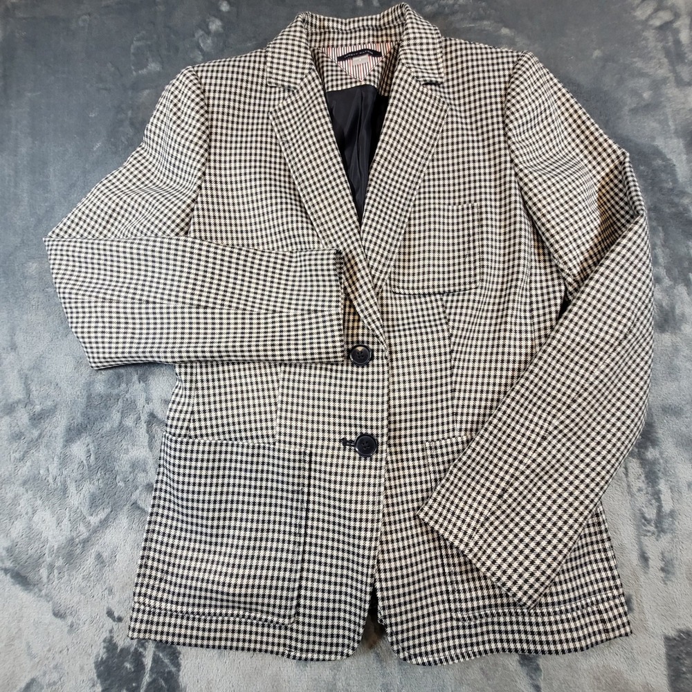 Tommy Hilfiger Womens Houndstooth Blazer Blue Cream Two Button Jacket 4 H07JZ1EA